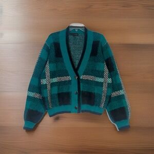 English Factory Checkered Cardigan Sz LG Green Tartan Plaid Oversized Sweater